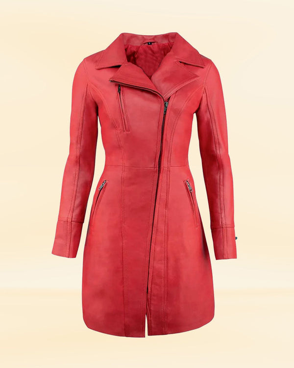 Premium Women's Red Leather Coat | Women Long Coat