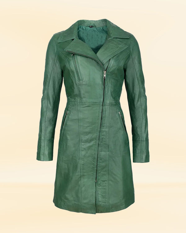Premium Women's Green Trenchcoat | Leather Trenchcoat