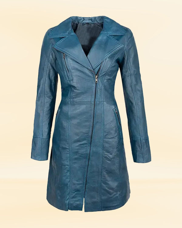 Premium Women's Teal Leather Trenchcoat