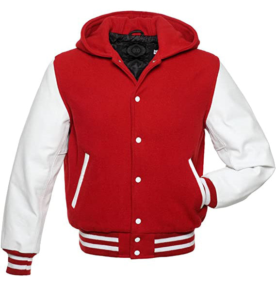 Hooded Wool and Leather Varsity Letterman Bomber Jacket for a Stylish Look in American style
