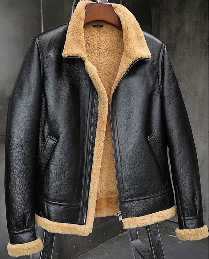 Stylish pilot-style leather jacket with black faux shearling for men in USA
