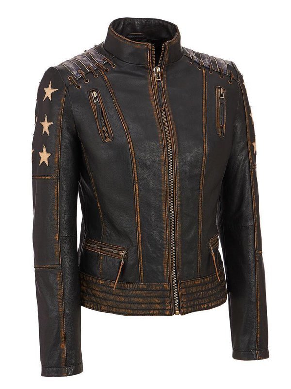 Buy Women's Stars and Stripes Brown Vintage Leather Jacket