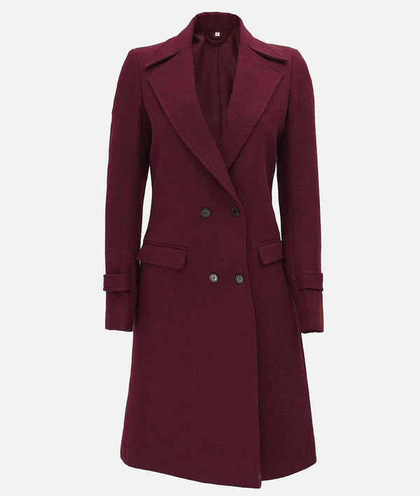 Women’s double breasted maroon wool coat with winter wrap design in USA