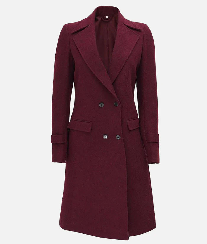Women’s double breasted maroon wool coat with winter wrap design in USA