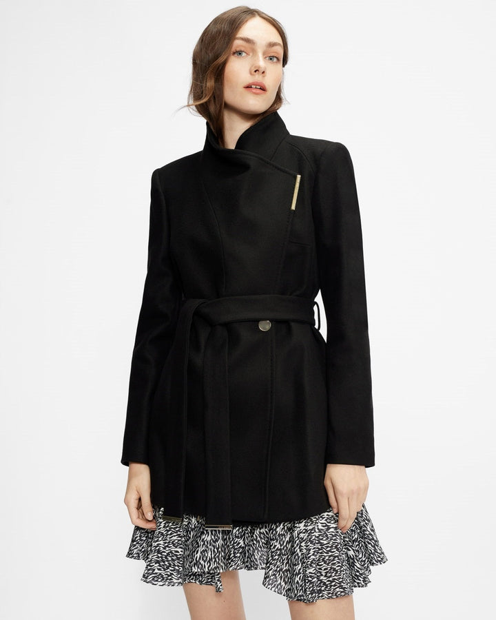 Women's wrap short style black wool coat with a tailored fit in USA
