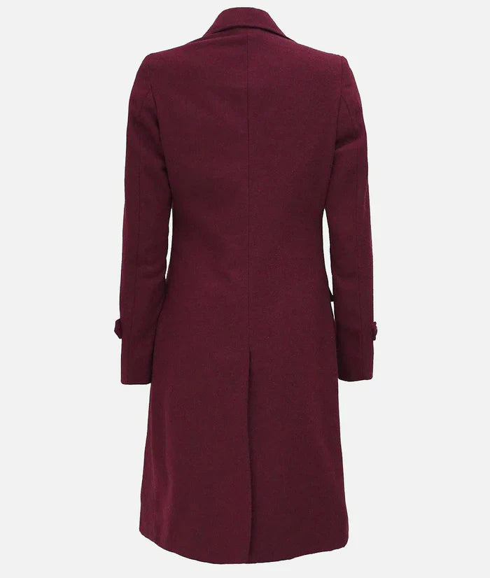 Stylish maroon wool coat for women with double breasted closure in USA