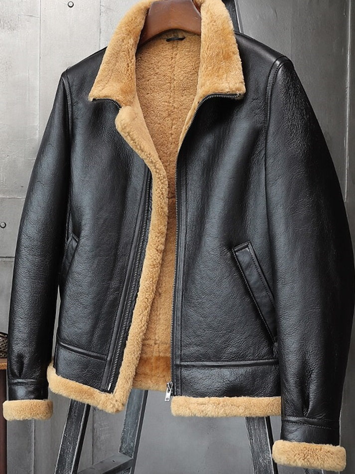 Black real leather jacket with faux shearling and pilot design in USA