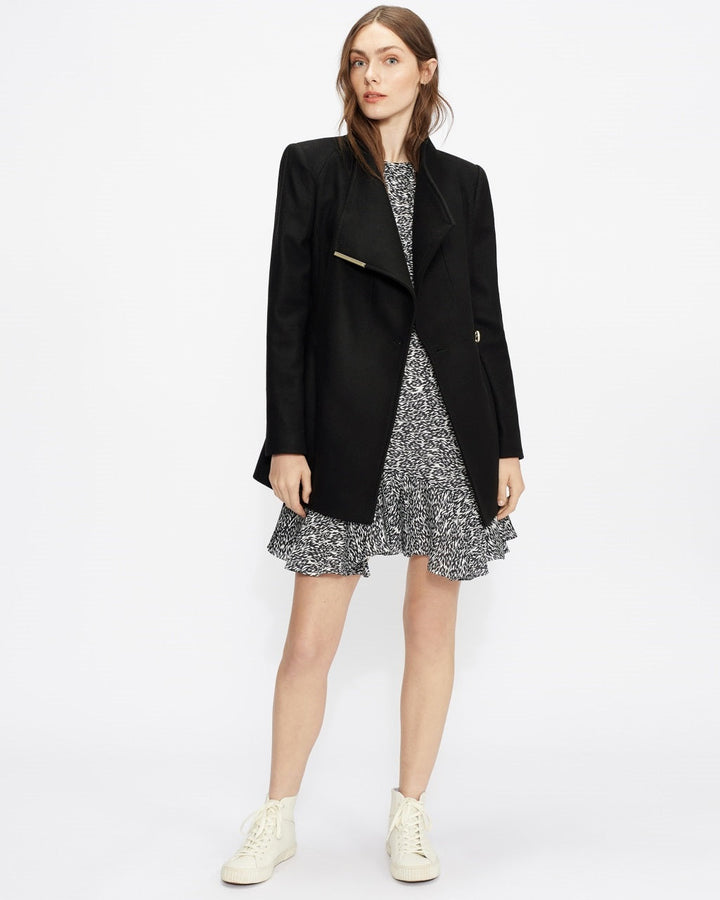 Black wool coat for women featuring a chic wrap design in United State Market