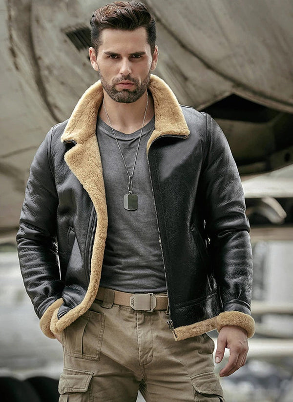 Men's black faux shearling pilot-style real leather jacket in American Style