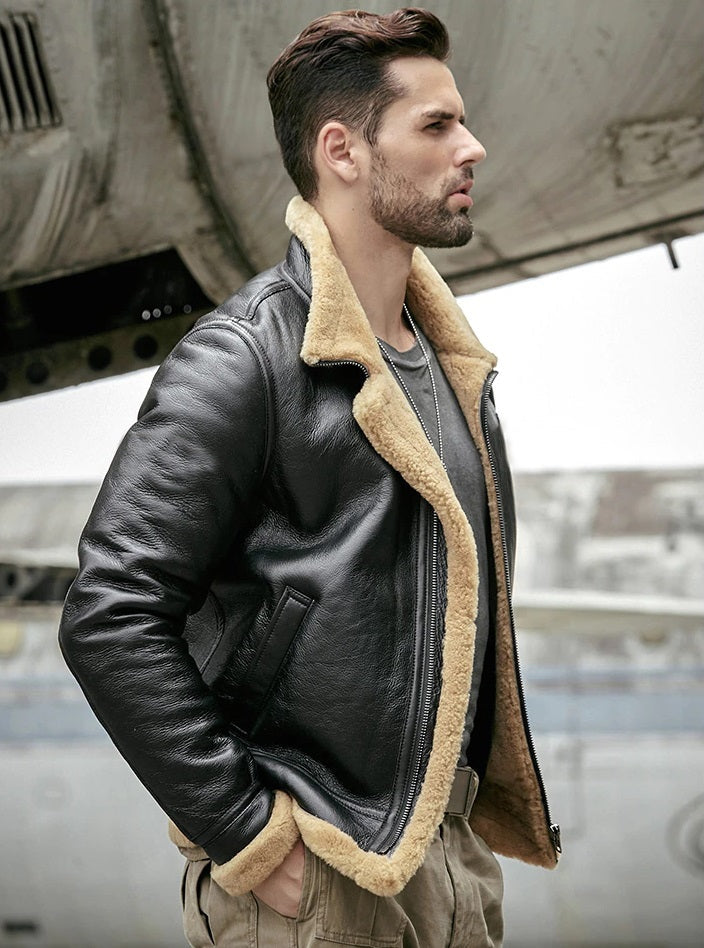 Men's faux shearling pilot jacket in black real leather in American Style