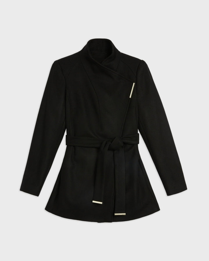 Black wool coat for women featuring a wrap-around style in United State Market