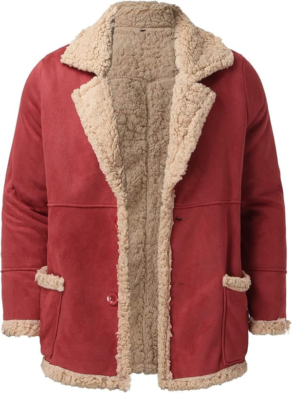 Men's Red Faux Shearling Suede Jacket - Cozy Sherpa Lined Winter Coat | Perfect Christmas Gift