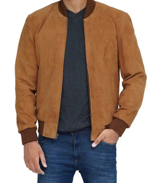 Brown suede bomber jacket for men in France style