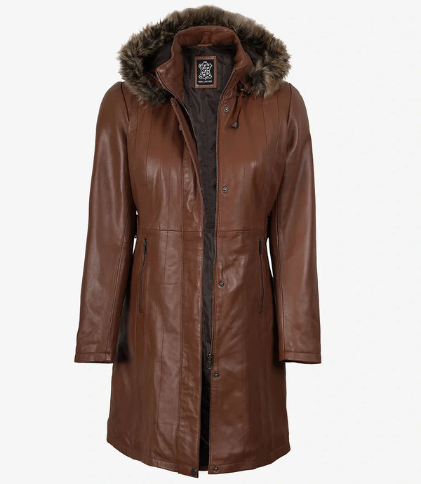Women Brown Leather Coat With Fur Trim Removable Hood