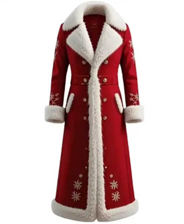 Women's Red Christmas Faux Fur Trench Coat | Elegant Snowflake Holiday Outerwear