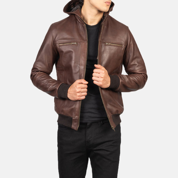 Buy Trending Brown Bomber Hooded Leather Jacket For Men