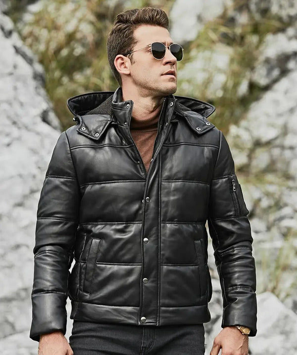 Men’s leather puffer jacket with removable hood in USA