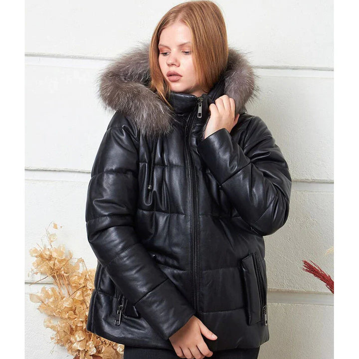 Black puffer jacket with faux shearling hood for women in France style