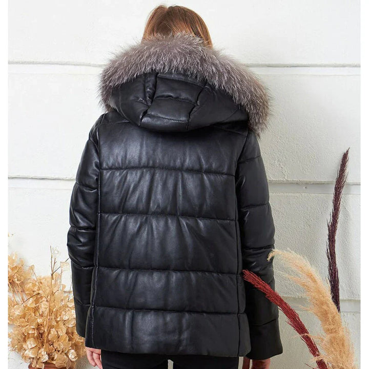 Stylish women's hooded black puffer coat in USA market