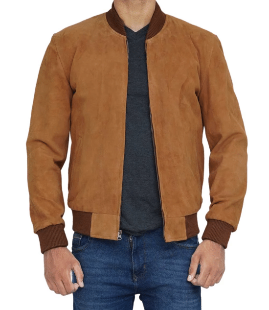 Fashionable brown leather bomber jacket in UK style