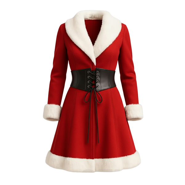 Elegant Mrs. Claus Christmas Faux Fur Trim Coat Dress with Corset Belt