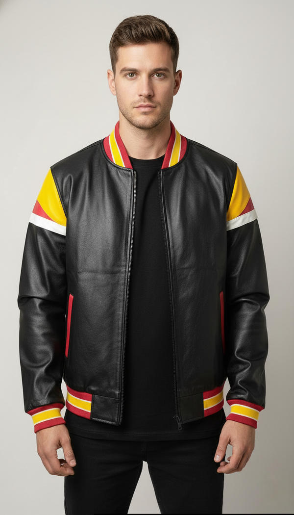Man wearing a black leather jacket with colorful stripes on a plain background