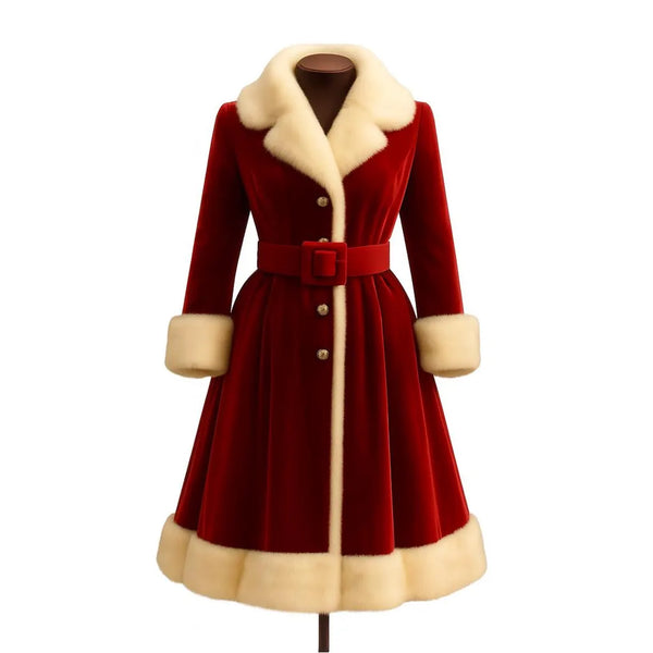 Elegant Red Velvet Faux Fur Trim Christmas Coat | Vintage Holiday Party Outerwear