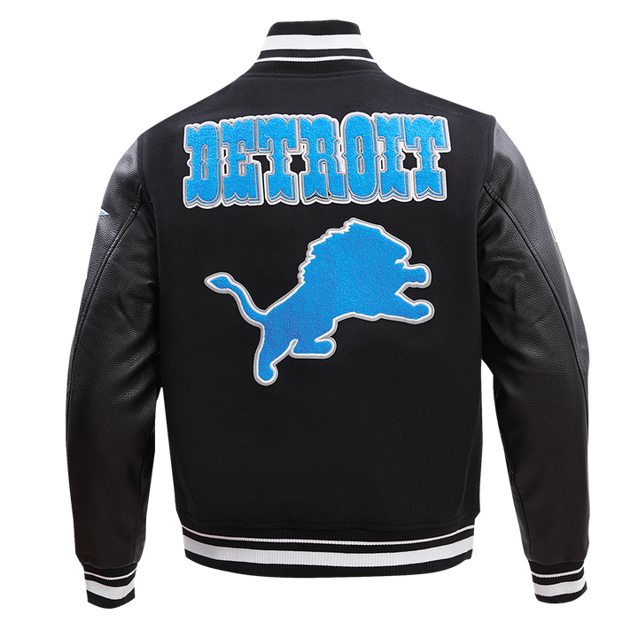 Blue and White Detroit Lions Wool Varsity Jacket Featuring Team Logo