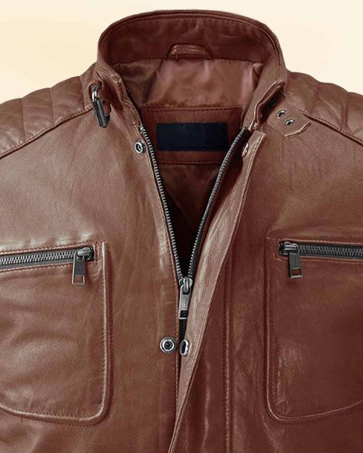 Antique Silver Zipper Tan Biker Leather Jacket in usa