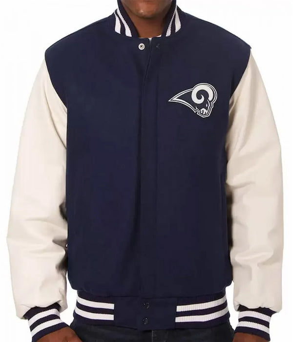 Shop LA Rams White and Blue Varsity Jacket