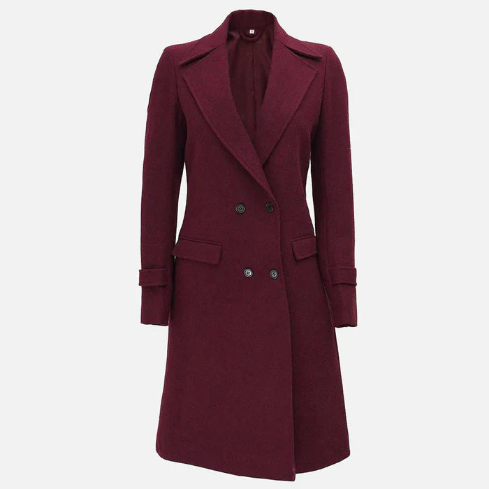 Winter-ready long maroon wool coat with wrap style for women in USA