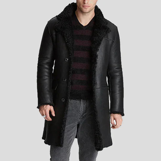 Shop Men's Black Shearling Leather Trench Coat